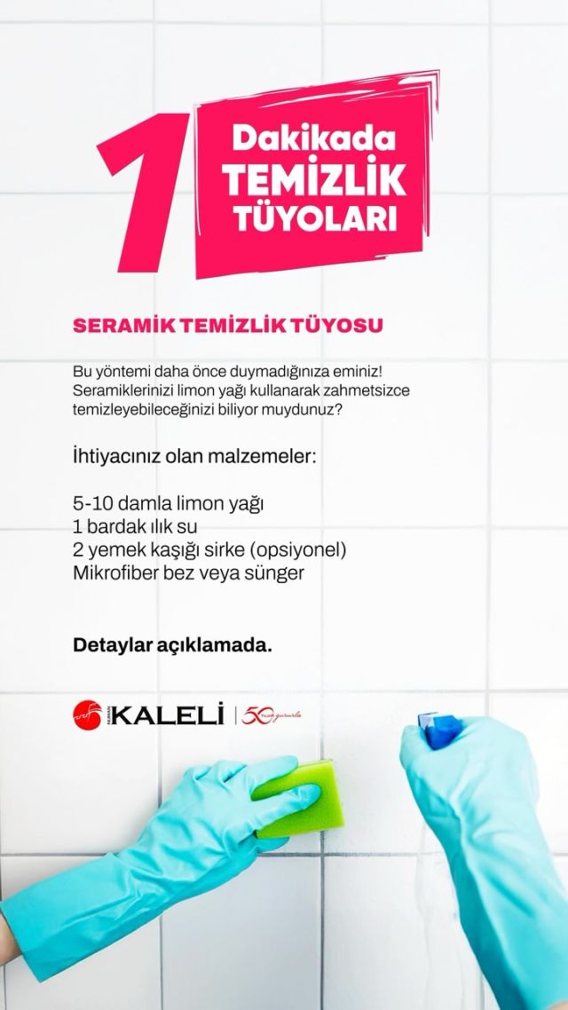 Banyo temizliği yaparken seramikleri uzun süre ovalamak zahmetli olduğu için çoğu zaman bu işlemden kaçınılır. Ancak, seramiklerinizi temizlerken limon yağı kullanarak bu süreci hem kolaylaştırabilir hem de daha etkili hale getirebilirsiniz. 

Malzemeler:
✔ 5-10 damla limon yağı 
✔ 1 bardak ılık su
✔ 2 yemek kaşığı sirke (opsiyonel, ekstra temizlik ve parlaklık için)
✔ Sprey şişesi
✔ Mikrofiber bez veya sünger

Uygulama:
1. Karışımı hazırlayın: Sprey şişesine ılık suyu koyun, üzerine limon yağını ekleyin. Daha güçlü bir temizlik için sirke de ekleyebilirsiniz.
2. Seramik yüzeylere püskürtün: Karışımı doğrudan seramik yüzeylere sıkın.
3. Bekletin – Zorlu lekeler için 5-10 dakika bekleyin.
4. Silin – Mikrofiber bez veya süngerle hafifçe silin. Ovalamaya gerek kalmadan kirlerin çözüldüğünü göreceksiniz.
5. Durulayın – Temiz suyla durulayıp kuru bir bezle silerek seramiklerinizi parlatın.

Limon yağı, seramik yüzeylerdeki kirleri hızlıca temizlerken aynı zamanda ilerleyen zamanlarda oluşabilecek küf ve lekelenmelere karşı da koruma sağlar. Böylece banyonuz hem tertemiz olur hem de ferah bir kokuya sahip olur! 

Daha pratik temizlik için limon yağını denemeye ne dersiniz? Deneyenlerin yorumlarını bekliyoruz ☺

#PratikTemizlik #BanyoTemizliği #LimonYağı #SeramikBakımı